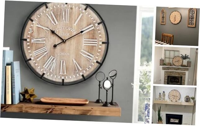 Large Farmhouse Wall Clock, 24 Inch Rustic Wooden Wall Clock Decorative Yellow