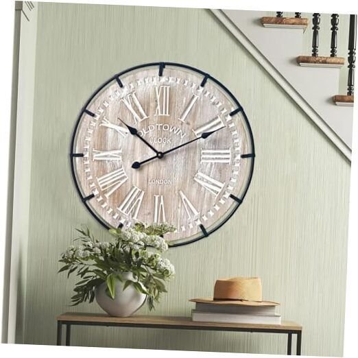 Large Farmhouse Wall Clock, Rustic Antique Wood with Metal Circle 24 Inch Brown
