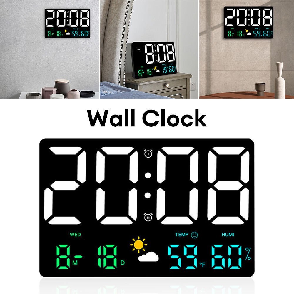 Large Jumbo Digital LED Wall Clock Alarm Calendar Temperature Date Dimmer Clock