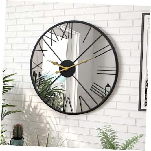 Large Mirror Wall Clock Decorative Metal Wall Clocks for Living 20inch Black-02