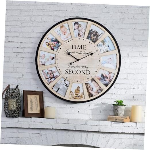 Large Picture Frames Collage Wall Clock, Vintage Rustic Clock Wall A - Natural