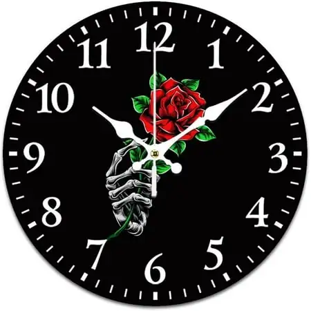Large Round Wall Clock 13 . 4 Inch, Black Goth Skull Skeleton Hand Holding Red Rose Silent Non photo Large Round Wall Clock 13 . 4 Inch, Black Goth Skull Skeleton Hand Holding Red Rose Silent Non