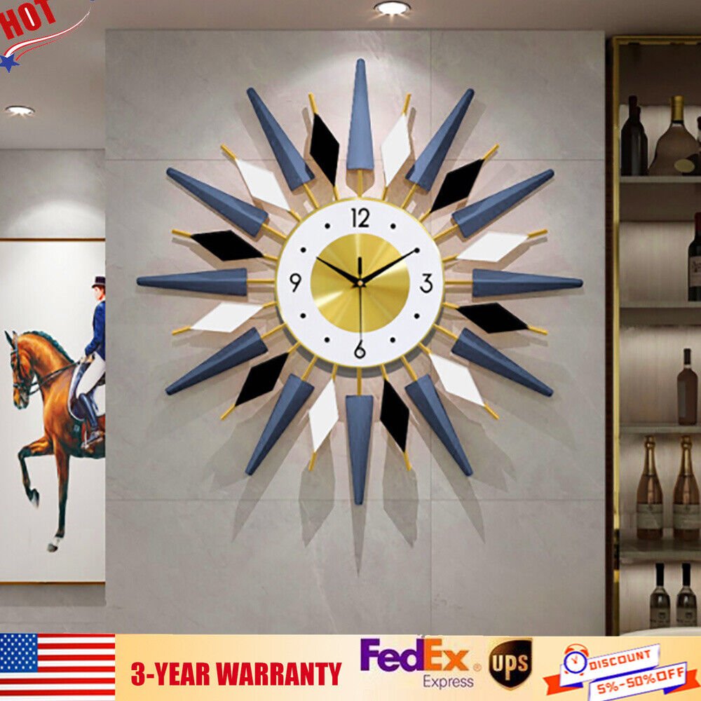 Large Starburst Metal Wall Clock Mid Century Modern Europe Style Decor 60x60cm