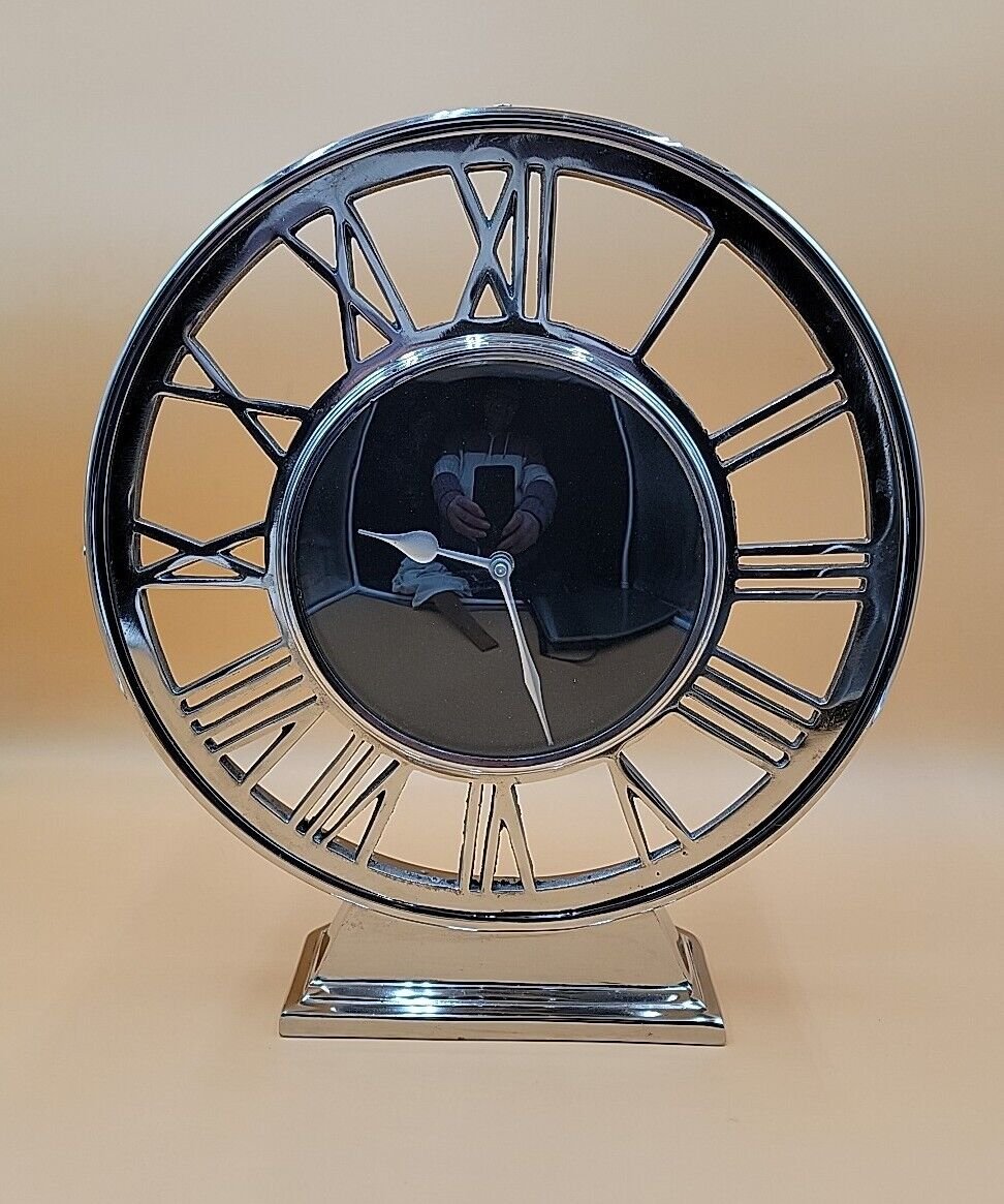 Large Table Clock Silver Tone 15.5" Battery Run Works MCM Home Decor