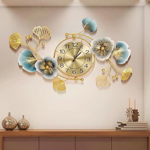 Large Wall Clock 37 Inch Creative Metal Ginkgo Leaf Design Silent Non Ticking Gold Decoration Clocks(Adjustmentable Horizontally and Vertically) for Living Room Bedroom Kitchen Home (37x20)