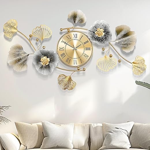 Large Wall Clock,3D Creative Metal Ginkgo Leaf Decoration Clock, with Silent Movement Decorative Wall Clock,Large Wall Decor, for Living Room Bedroom Kitchen Office(32''x18'' )