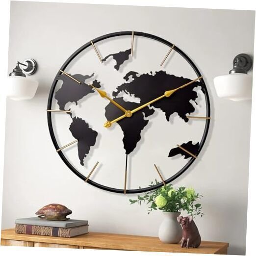 Large World Map Wall Clock,Metal Minimalist Modern Clock,Round 24 inch Color2