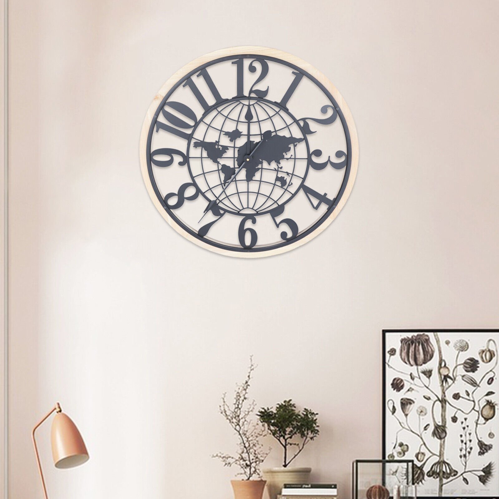 Large World Map Wall Clock, Metal Minimalist Modern Clock, Round Silent