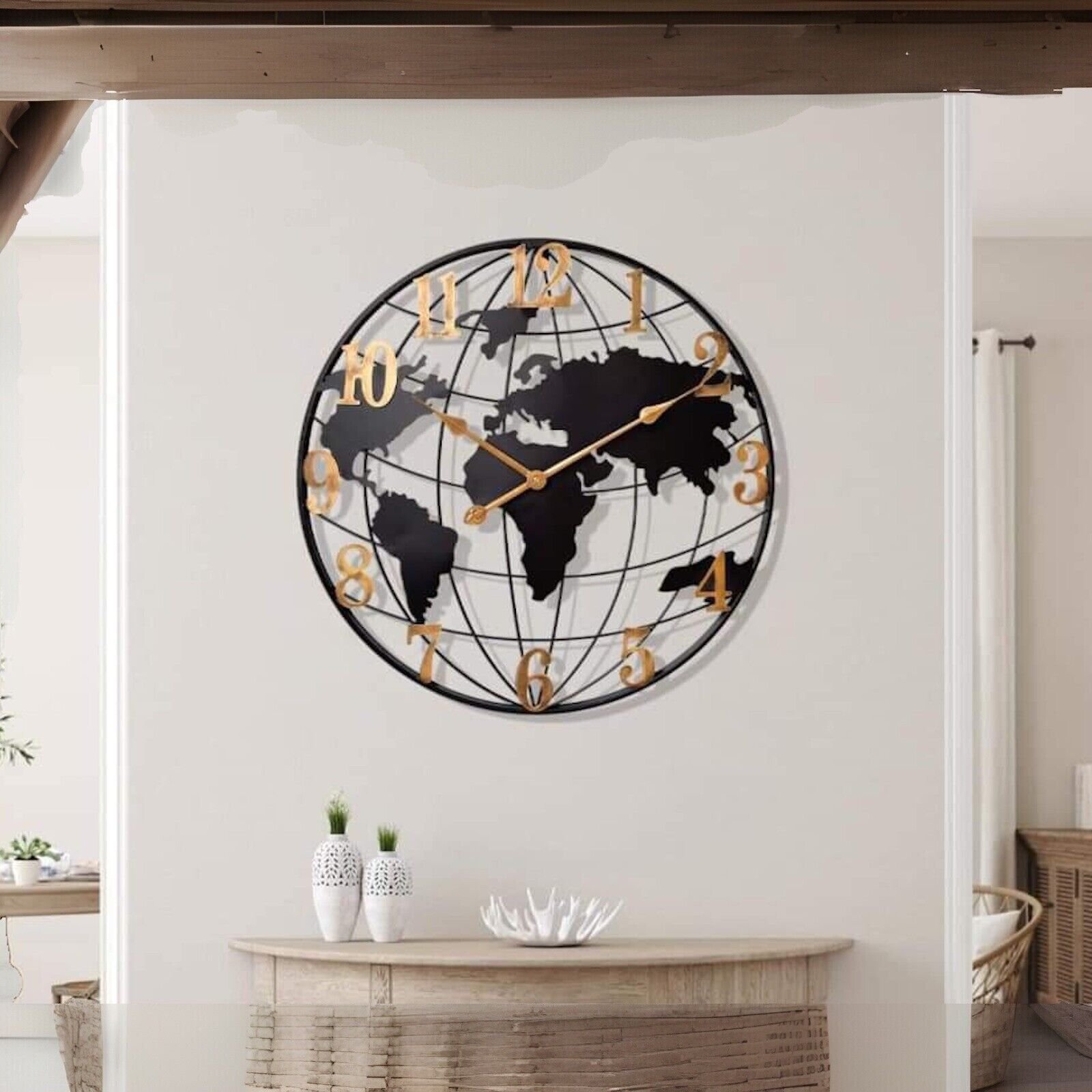 Large World Map Wall Clock,Metal Minimalist Modern Clock,Round Silent Non-Tickin