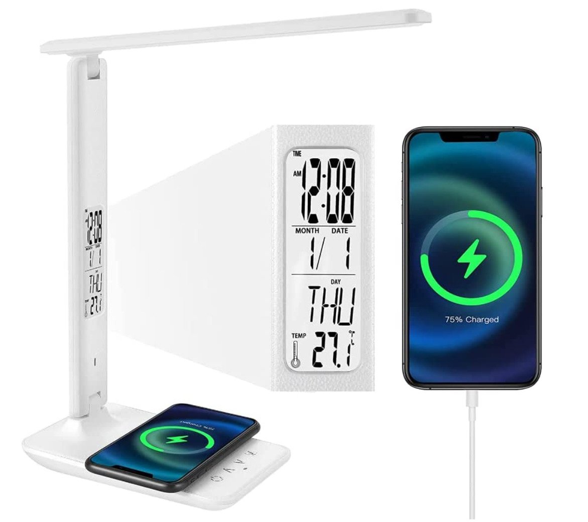 LED Desk Lamp 10W, Phone/USB Charging, Touch Sensor, Clock, Alarm, Temperature