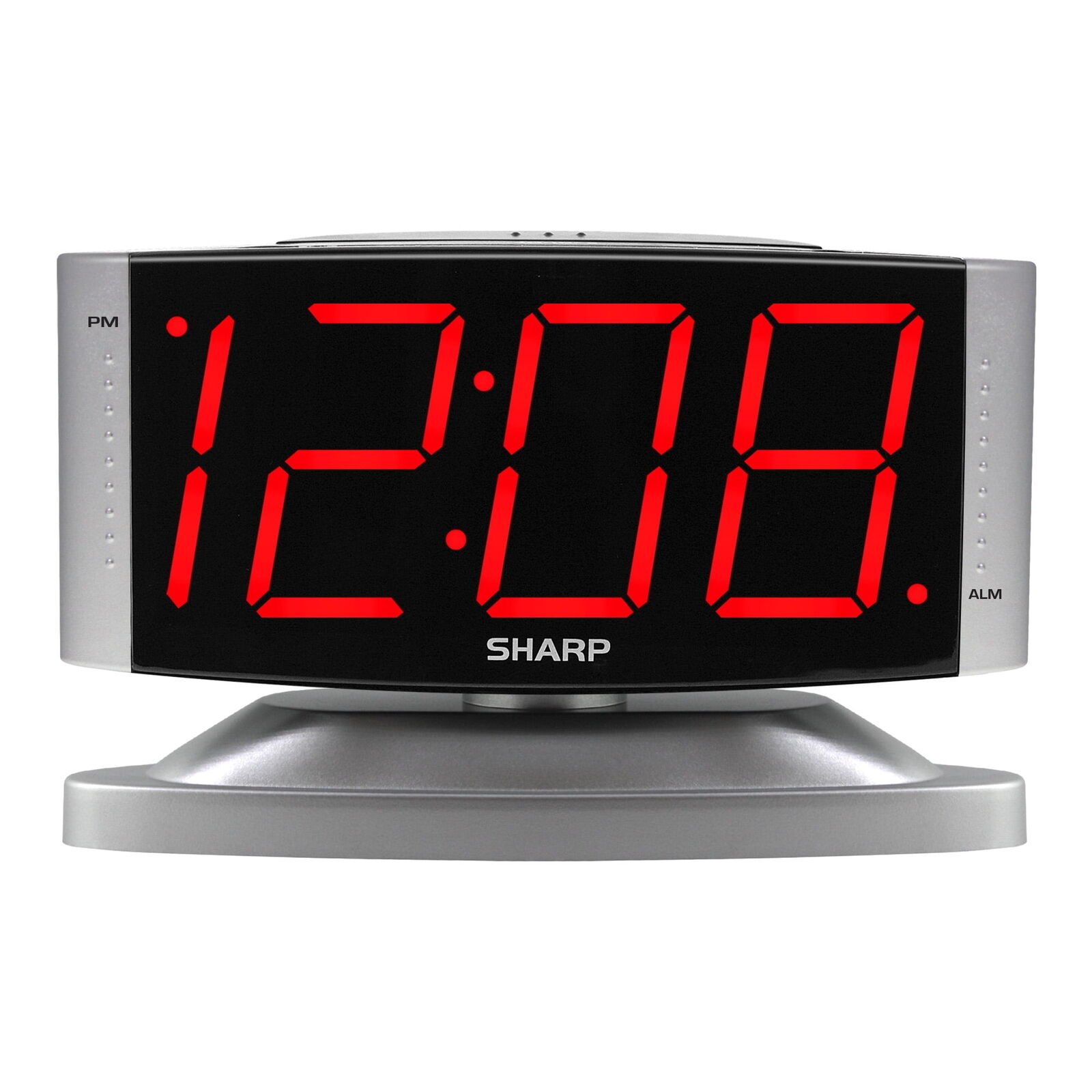 LED Digital Alarm Clock, Red Display, Silver Swivel Base, Compact Design