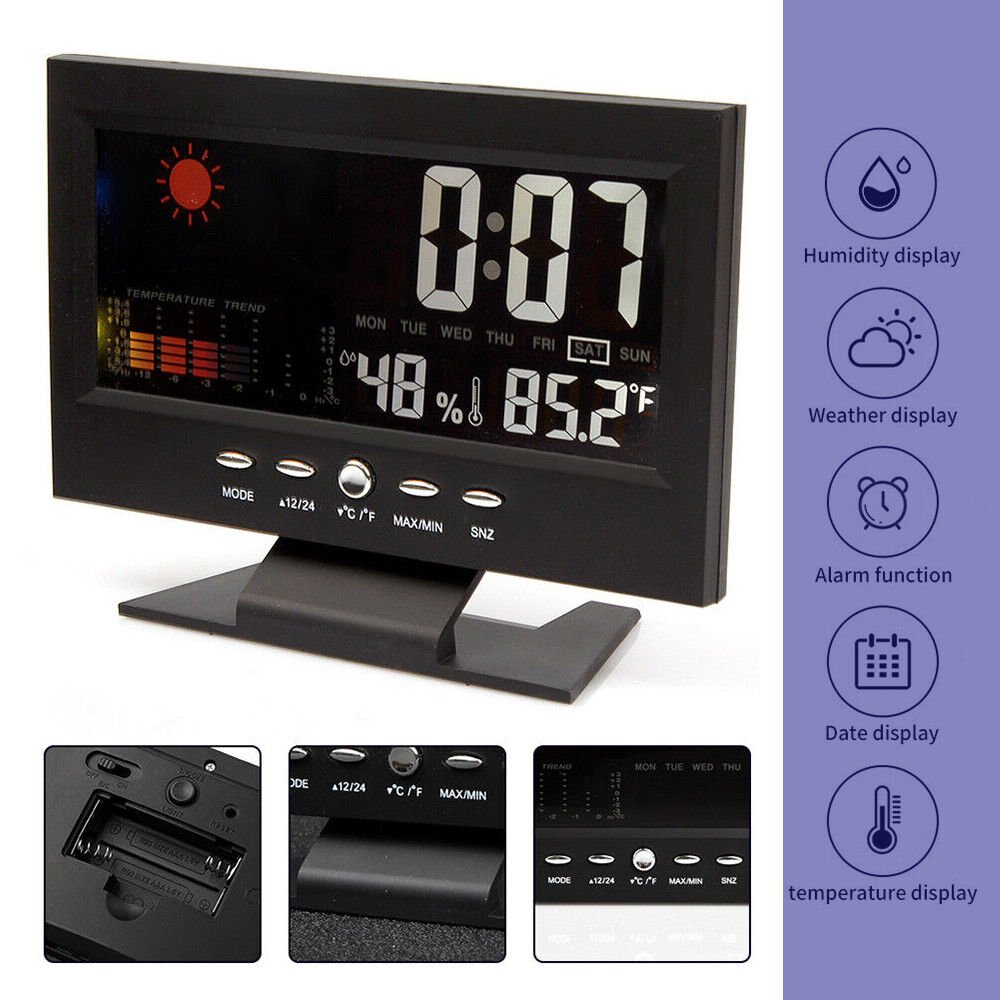 LED Digital Alarm Clock Snooze Calendar Thermometer Hygrometer Weather Display