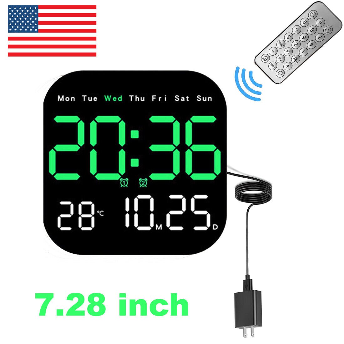 LED Large Digital Wall Clock Remote Control Temperature Date Week Display USB