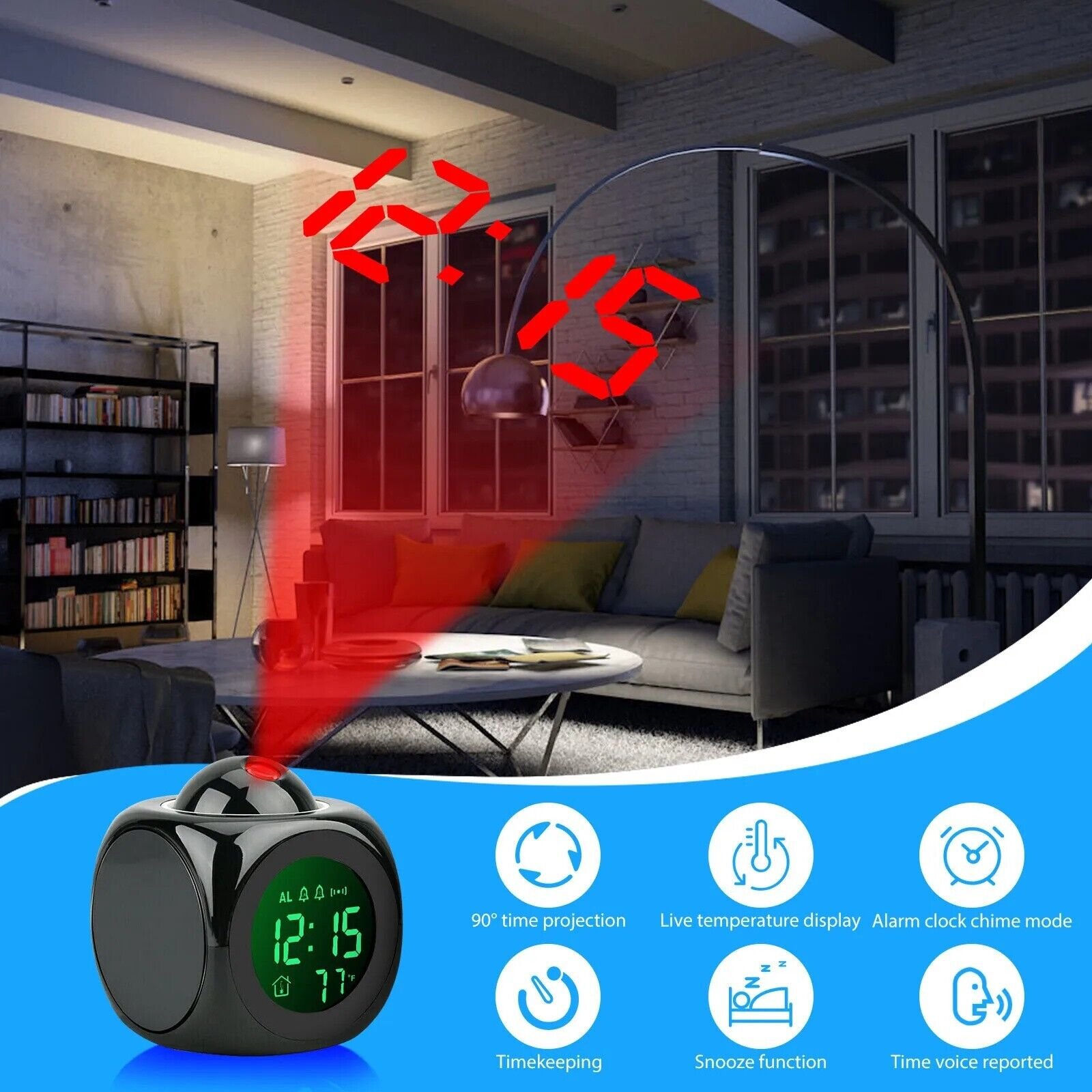 LED Projection Alarm Clock Digital LCD Display Voice Talking Weather Thermometer