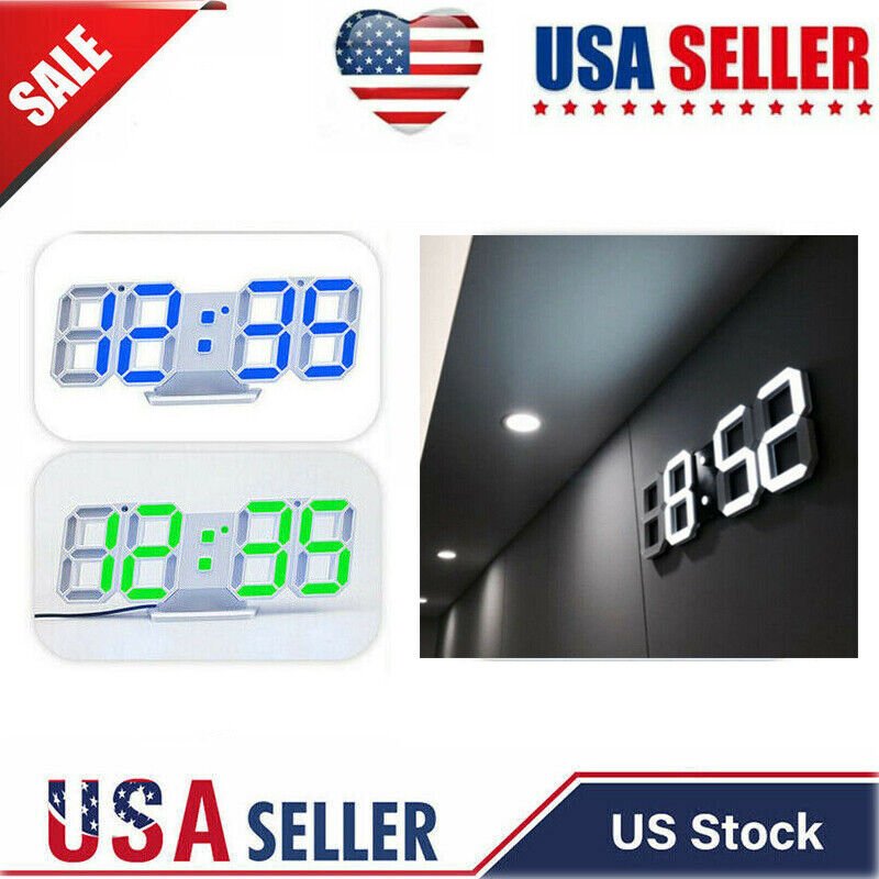 LED Wall Desk Alarm Clock 3D Digital Display USB Watch Desktop 12/24 Hours Home