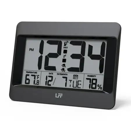 LFF Atomic Clock with Indoor Temperature and Humidity, Auto Set Digital Wall Clock Battery Operated, Desk LFF Atomic Clock with Indoor Temperature and Humidity, Auto Set Digital Wall Clock Battery image