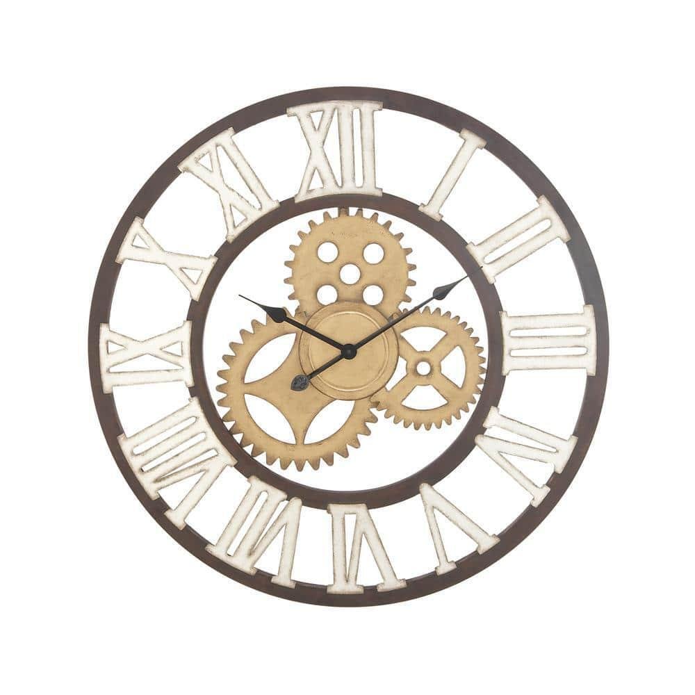 Litton Lane Wall Clocks 30"W Metal Gear Round Glass Mechanical Industrial Brown