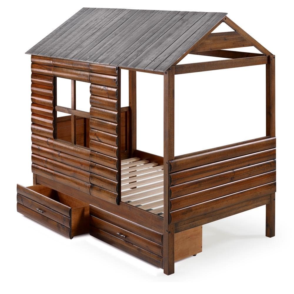 Log Cabin Rustic Walnut and Silver Twin Low Loft Bed with Dual...