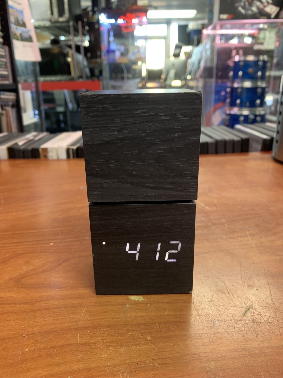 LOT OF 2 Squared Wooden Digital Desk Alarm Clock Black Case white LED