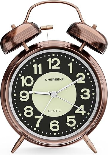 CHEREEKI Loud Alarm Clock for Heavy Sleepers Adults, Silent Non Ticking Analog Clock with Backlight, Luminous Dial, Battery Operated Alarm Clock for Bedroom, Included Battery, Vintage Copper