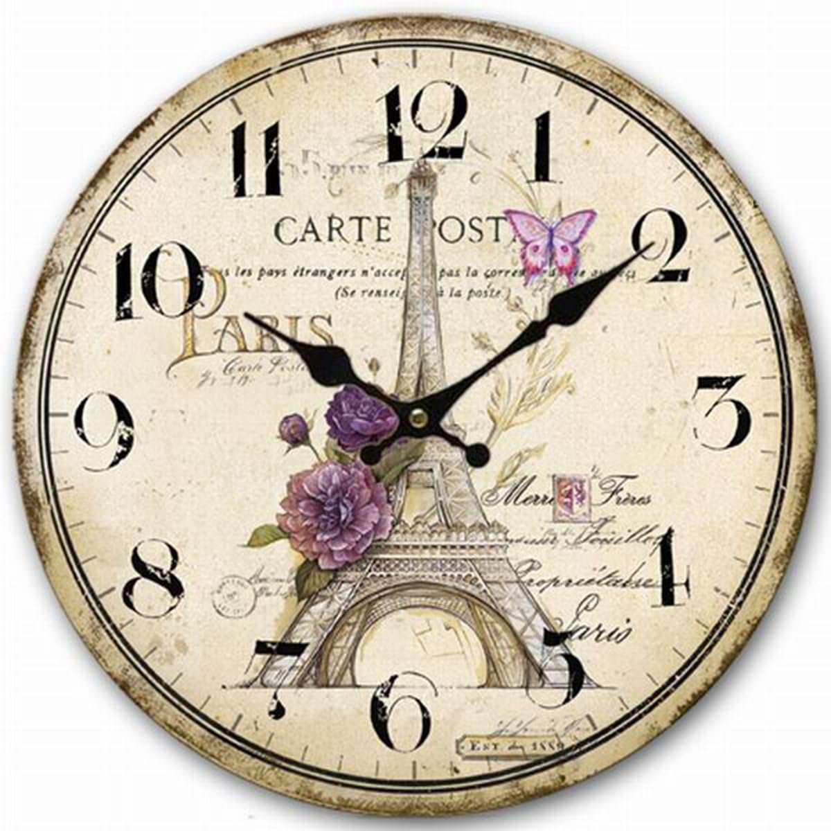 12 Inch Retro Silent Wall Clock Battery Operated for Kitchen,Small Wall Clock Non-Ticking Paris Eiffel Tower Decorative for Living Room,Vintage Wood Clock for Bedroom Home Office School