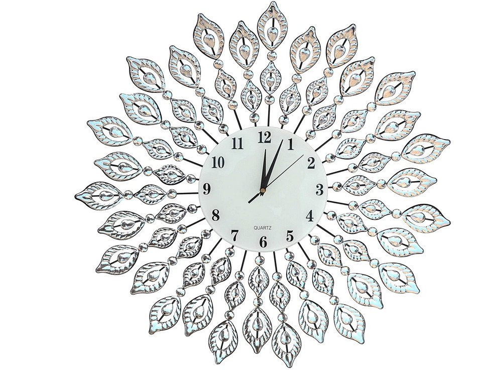 LuLu Decor 25” Crystal Leaf Metal Wall Clock 9” White Glass Dial Arabic Numberal