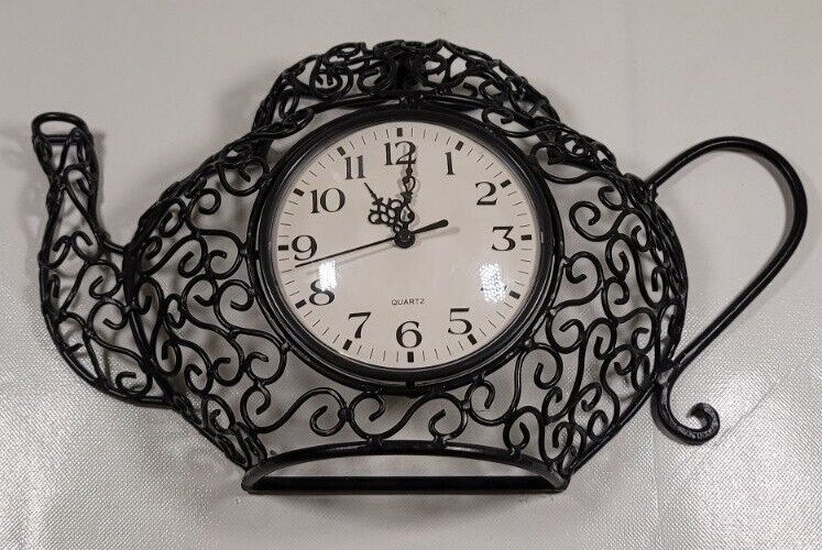Mantle Wall Mount Quartz Black Scroll Design Framed Teapot/Kettle Clock