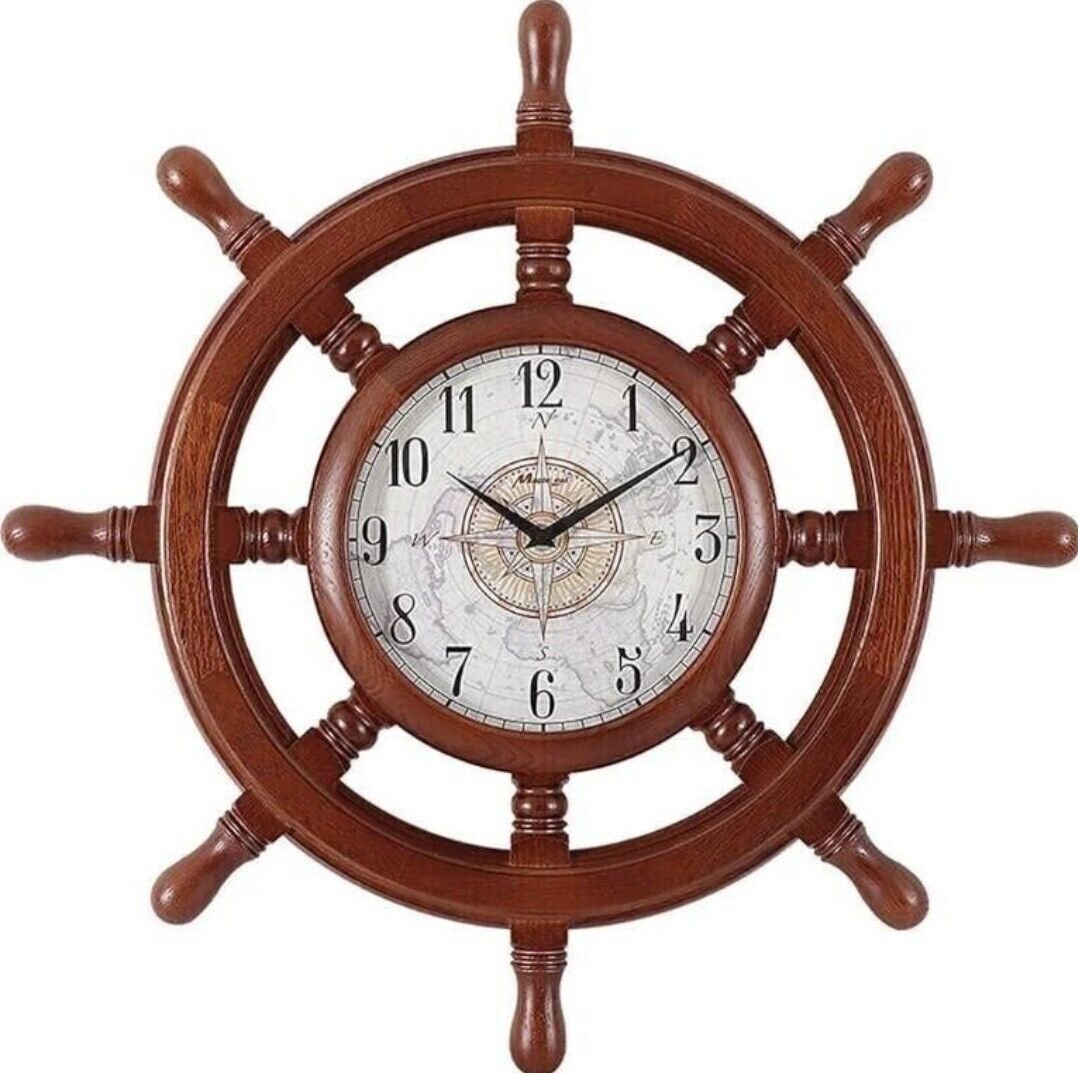 MapleLeafClocks Wood Ship Wheel Clock Wall Mounted Quartz 29"#7018