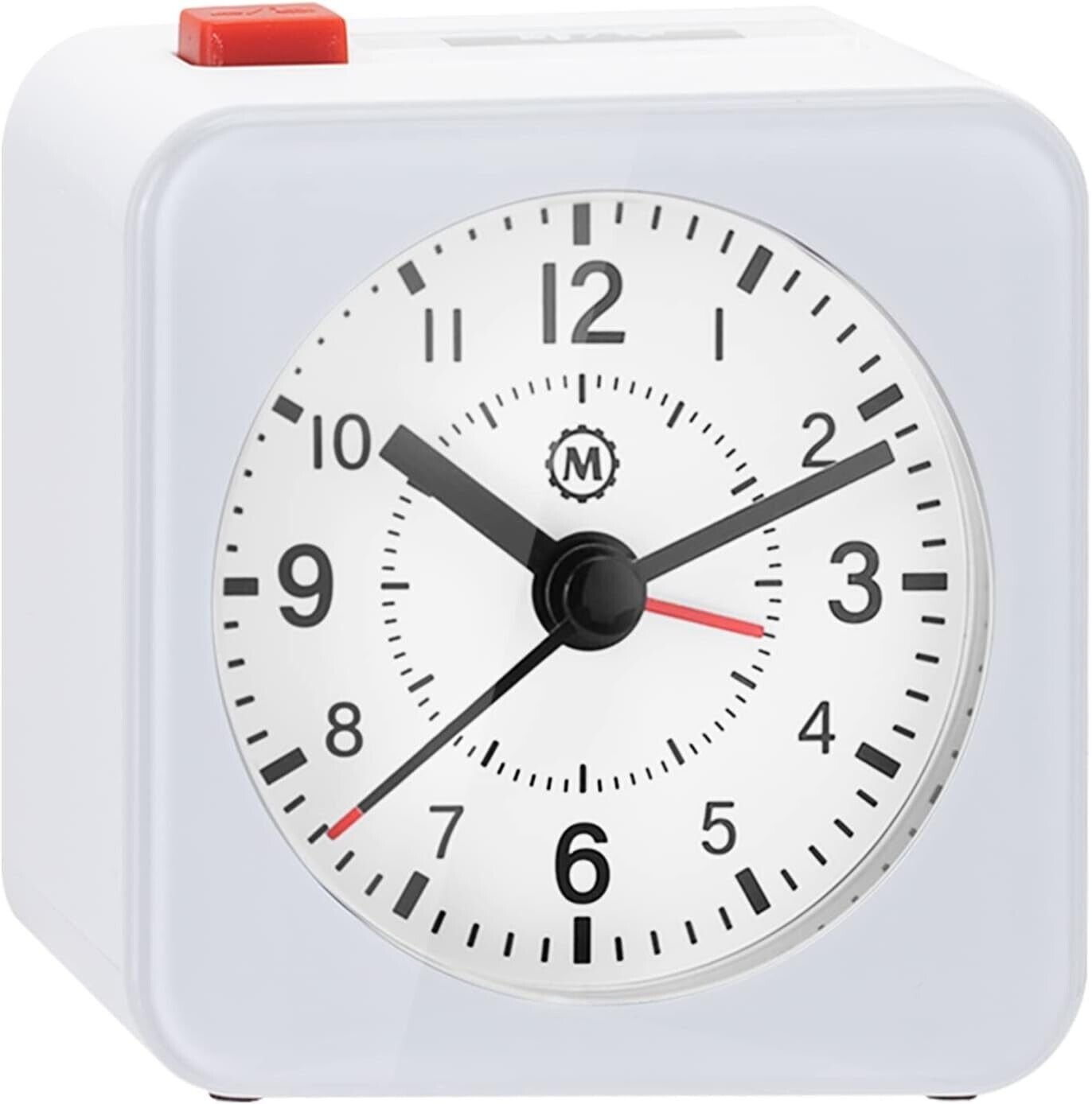 MARATHON Mini Non-Ticking Analog Alarm SNOOZE Clock with Auto Blacklight White