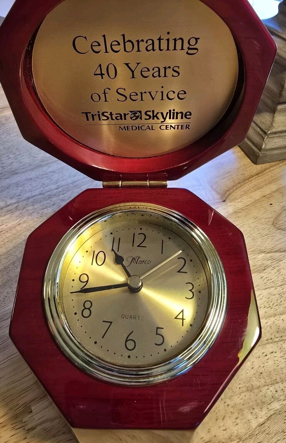 Marco Clock in Red Laminated Wood Case Battery Quartz Tristar Medical Award