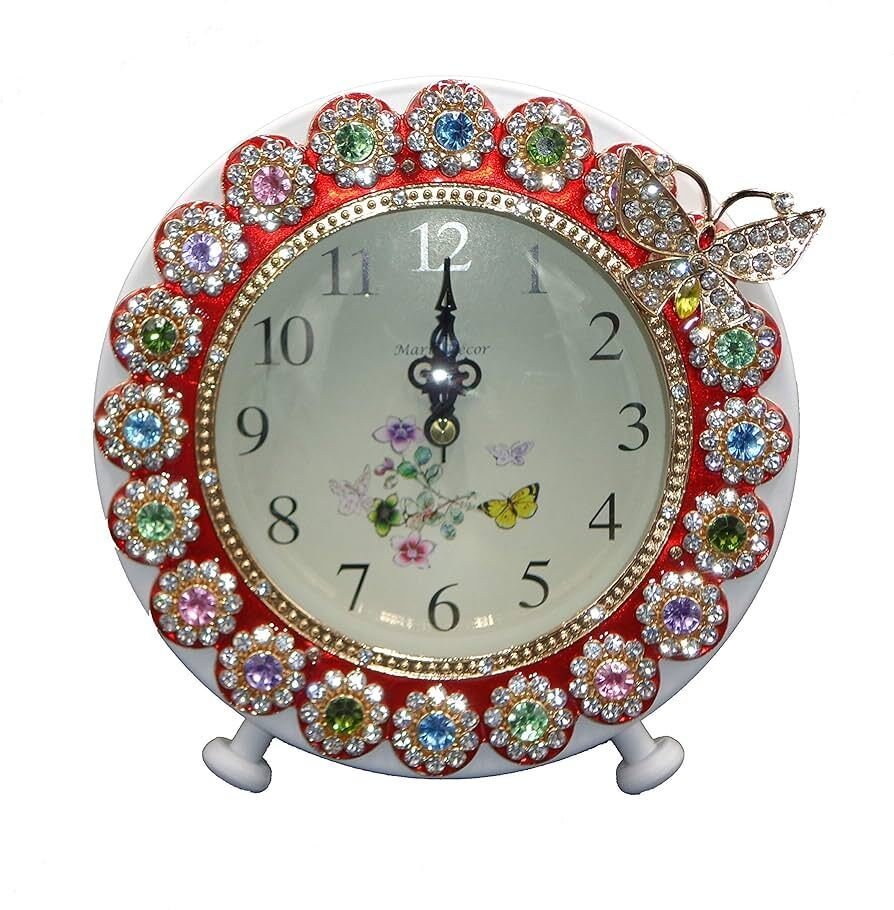 Marie Decor Butterfly Jeweled Table Clock (White-Red)