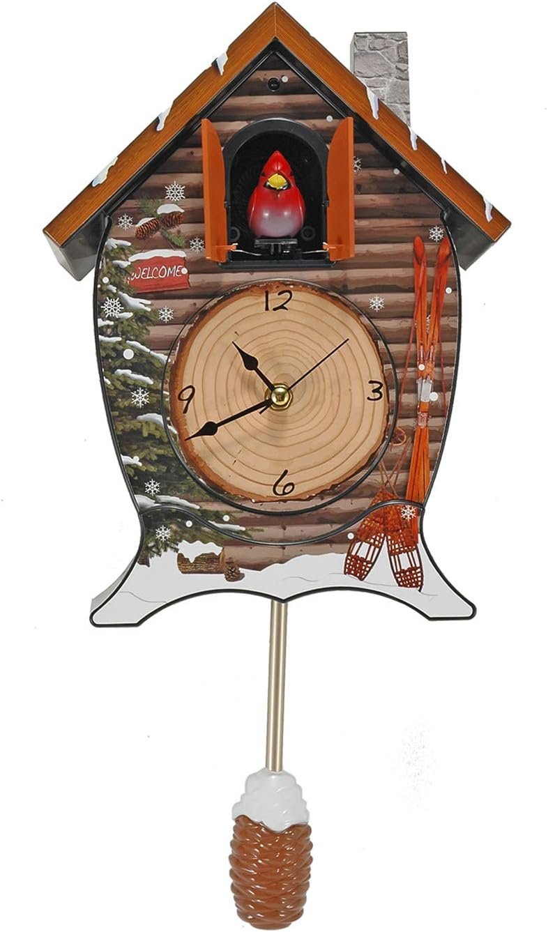 Mark Feldstein Snowy Cabin Singing Cardinal Tabletop Wall Sound Christmas Cuckoo Clock 14x10