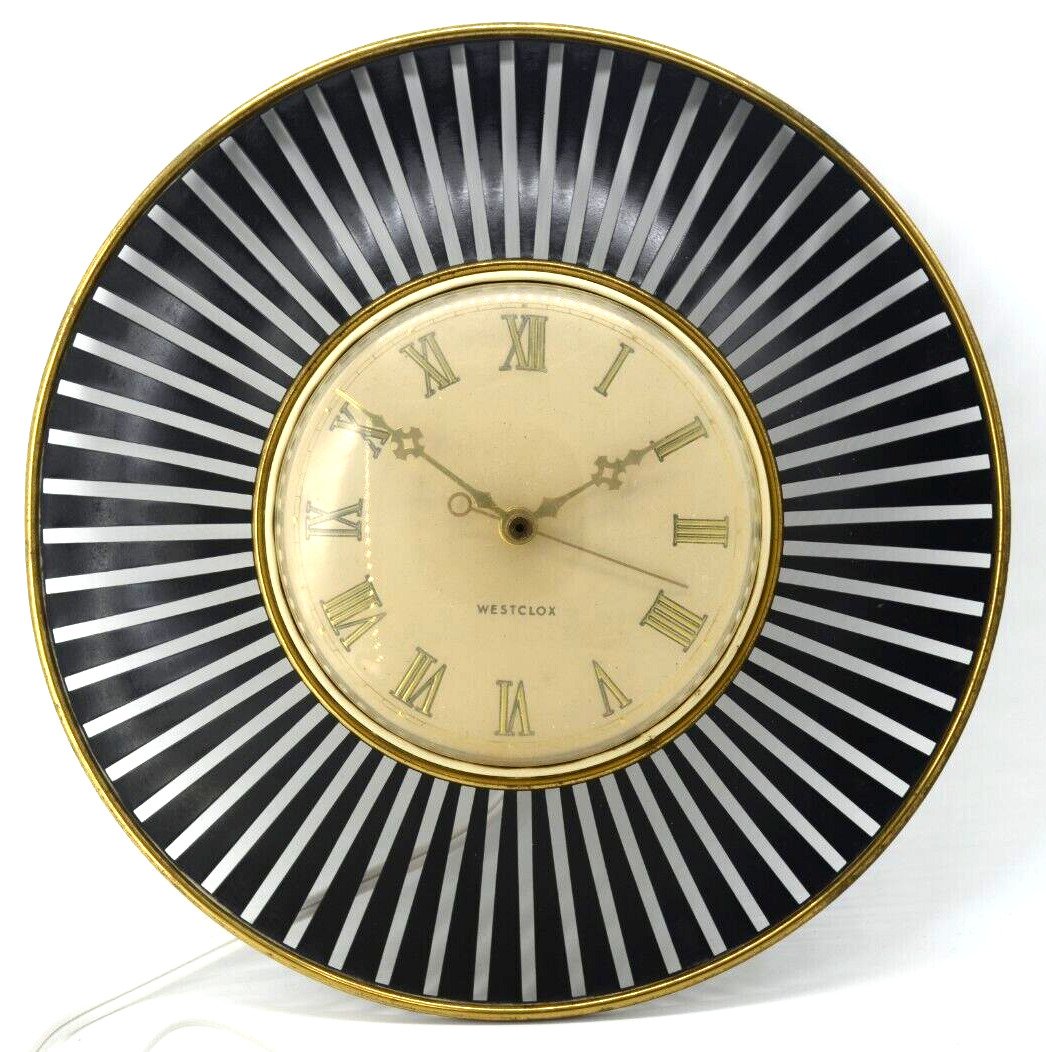 MCM 1960s Westclox Orbit Wall Clock 12” Cartwheel New Cord - not working DESCRIP