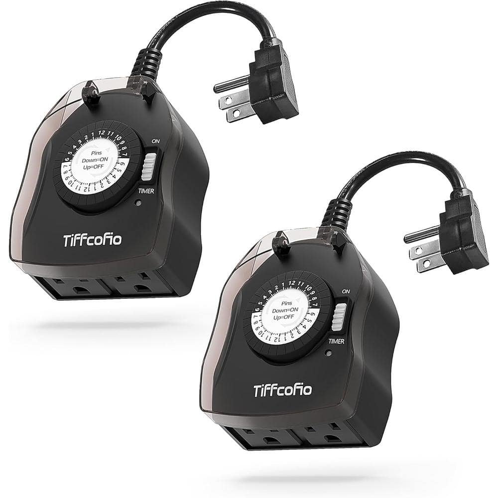 Mechanical Outdoor Timer Outlet with 2 Grounded Outlets in Black (2 Pack)