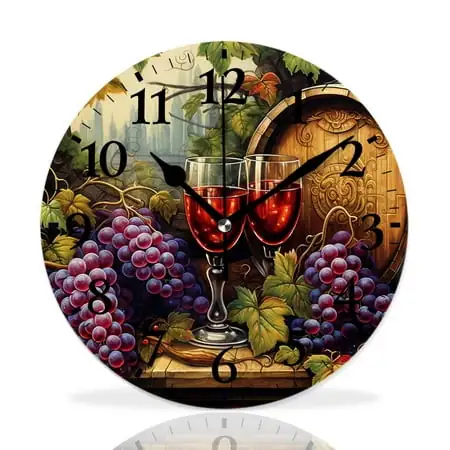 MEOSLZUT 10 inch Round Wall Clock,Red White Wine Bottle Glass Print,Silent Non Ticking Wall Clocks