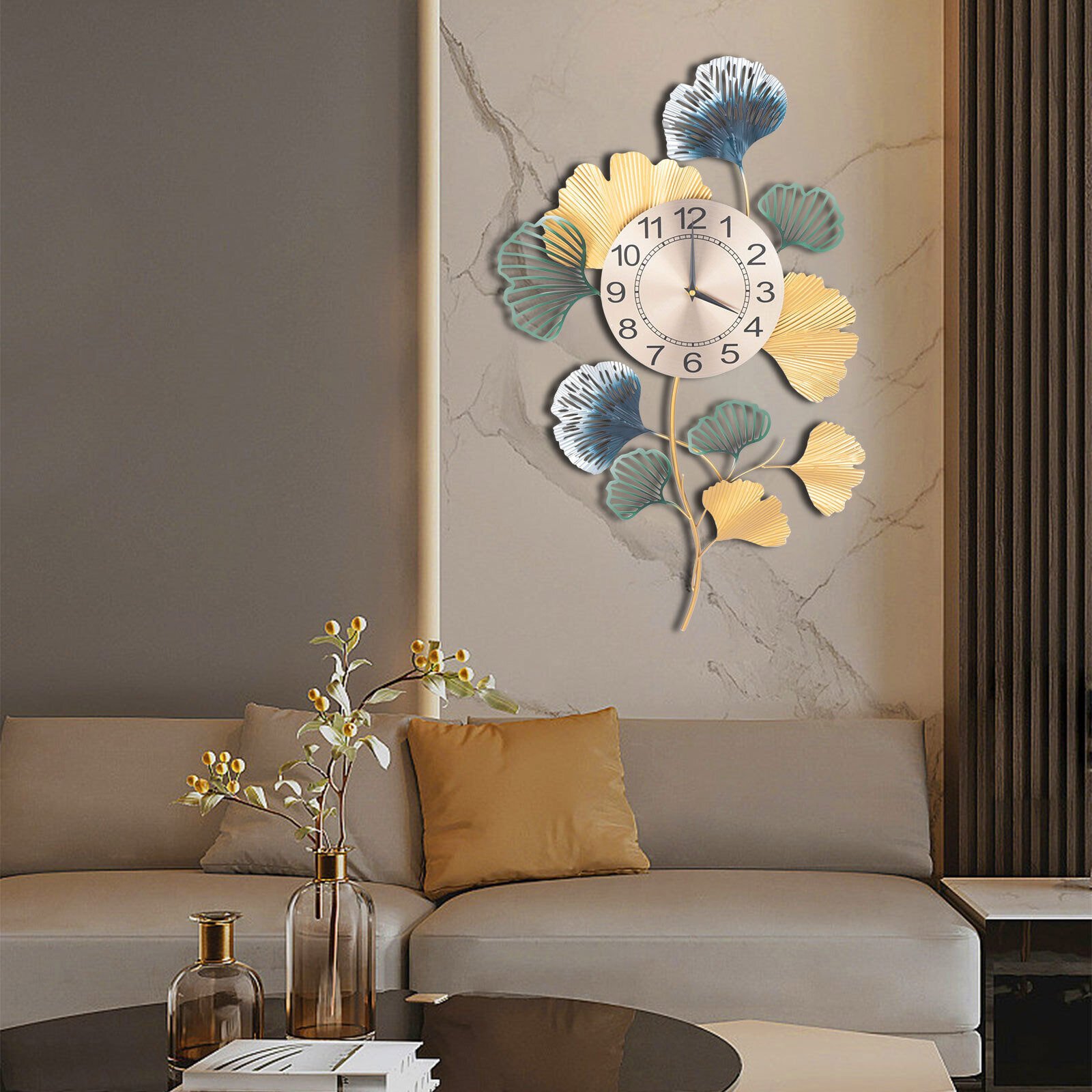 Metal Decorative Wrought Iron Clock Ginkgo Leaf Decor Clock For Dining Room Cafe