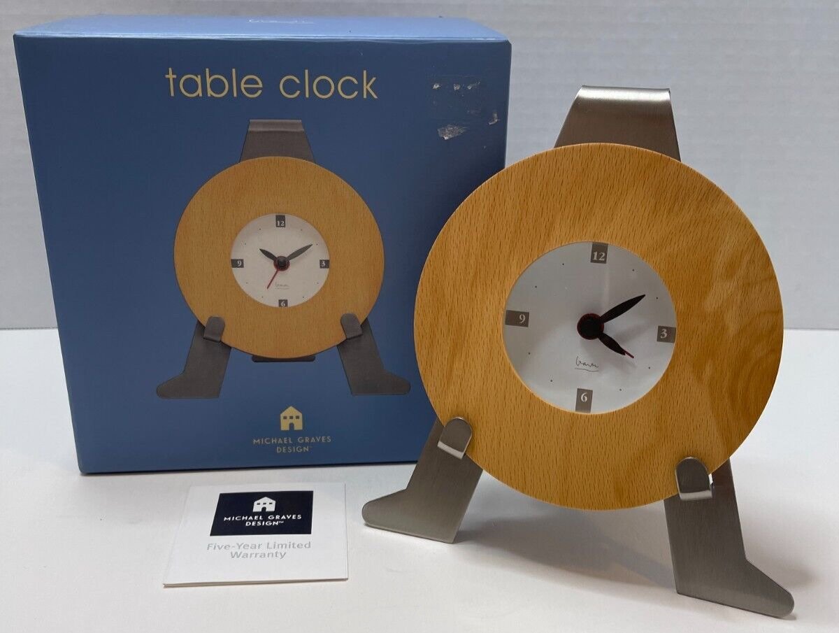 Michael Graves Design Tripod Table Alarm Clock Satin Nickel Solid Wood-Tested