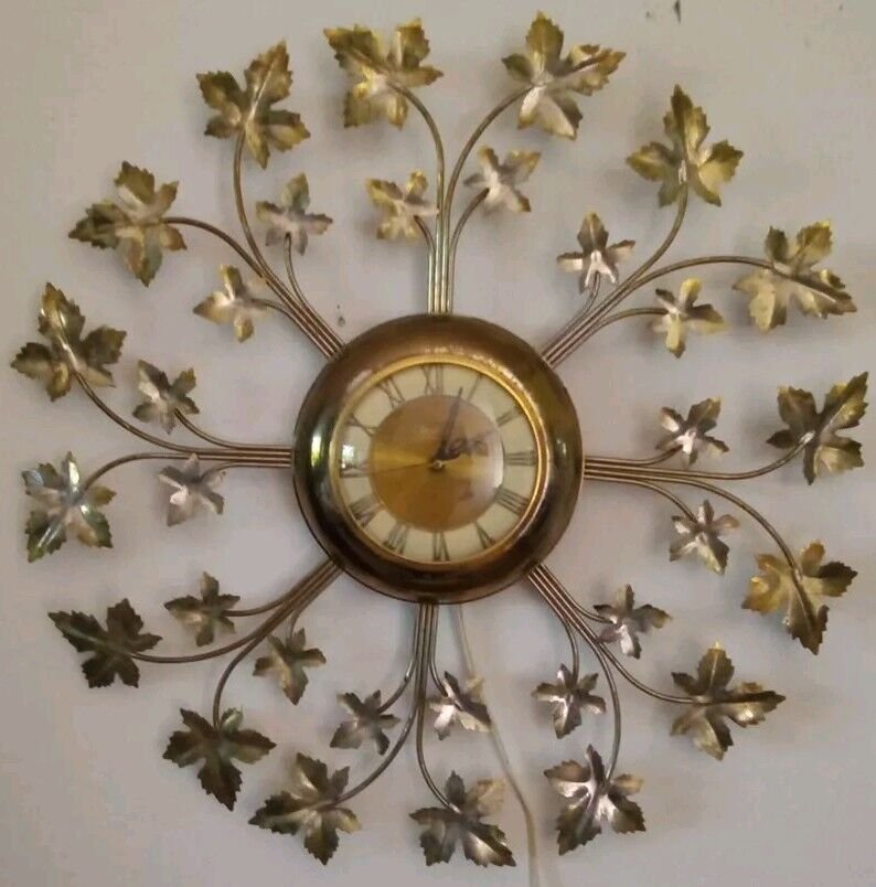 Mid-Century- 23" Maple Leaf Sunburst Wall Clock by United Clock Corp. U.S.A.