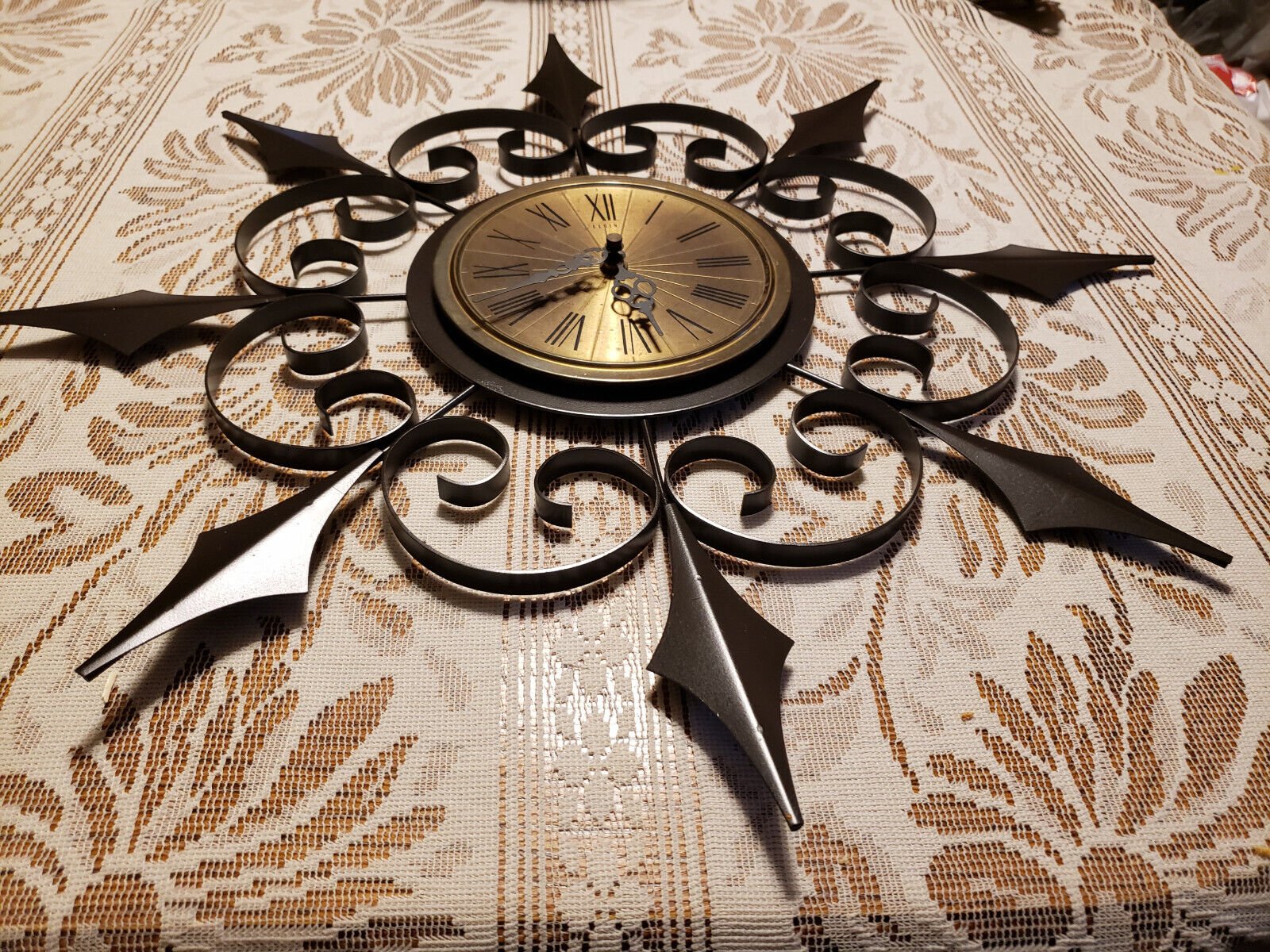 Mid Century Modern ELGIN Brown Metal Star Burst Gothic Wall Clock 23.5” Diameter