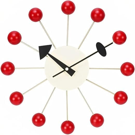 Mid Century Wall Clock -Replica George Nelson Ball Clock for Retro Modern Decor (13) (Red)