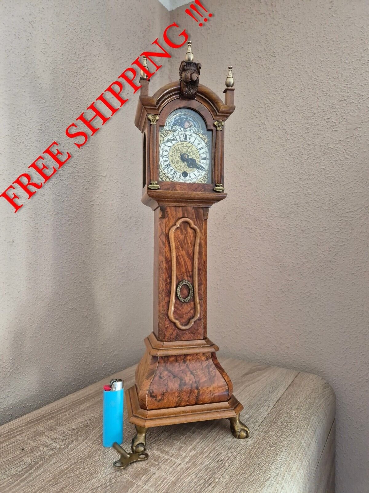 Miniature Grandfather Clock Mantel Clock Rarity with Date and Moon Phase (0639)