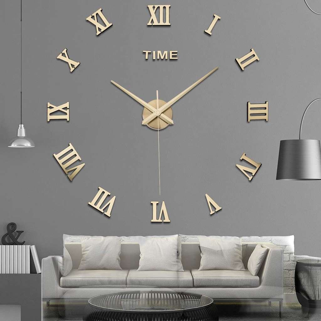 Mirror Surface Large Modern Wall Clock 3D DIY Roman Number Sticker Decor Clock