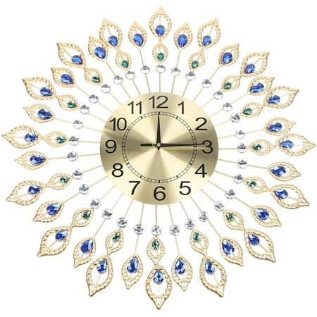 Miumaeov Wall Clock for Living Room Decor,Crystal Peacock Wall Clocks Modern Design 3D Clocks Wall for Home Decor Large Round Metal Silent Non-Ticking