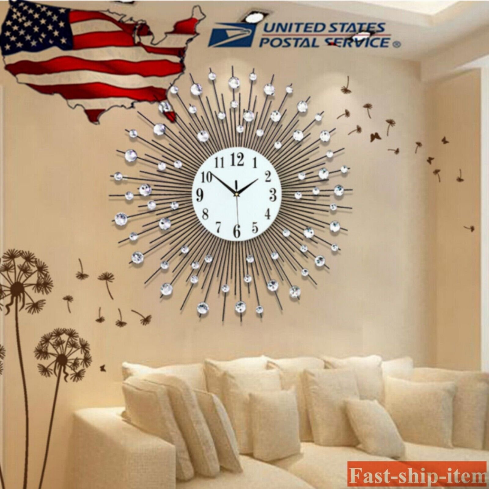 Modern 3D Crystal Wall Clock 60x60cm Luxury Large Round Diamond Decor Wall Clock