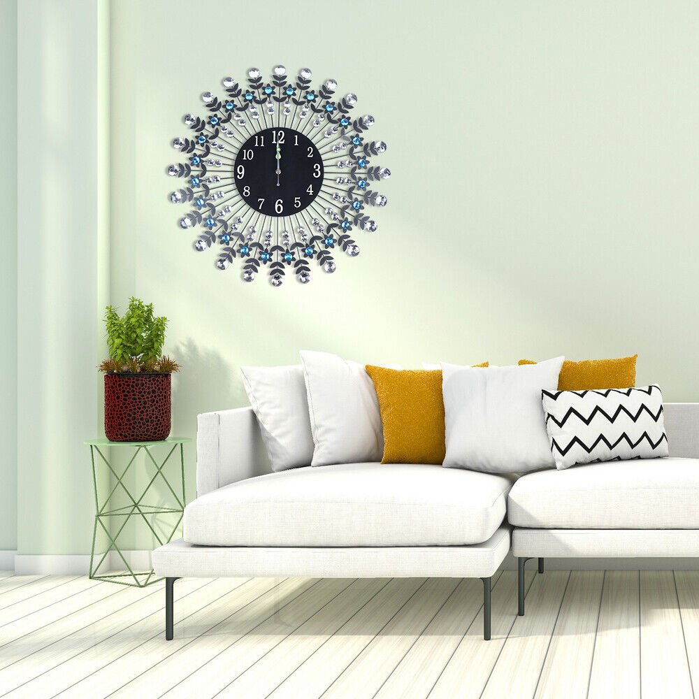 Modern Crystal Wall Clock Black 23.62inch Non Ticking Silent Clock Wall Decor