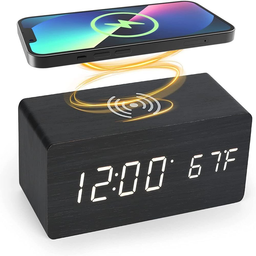 Modern Digital LED Desktop Alarm Clock Thermometer Wooden Wireless Charger