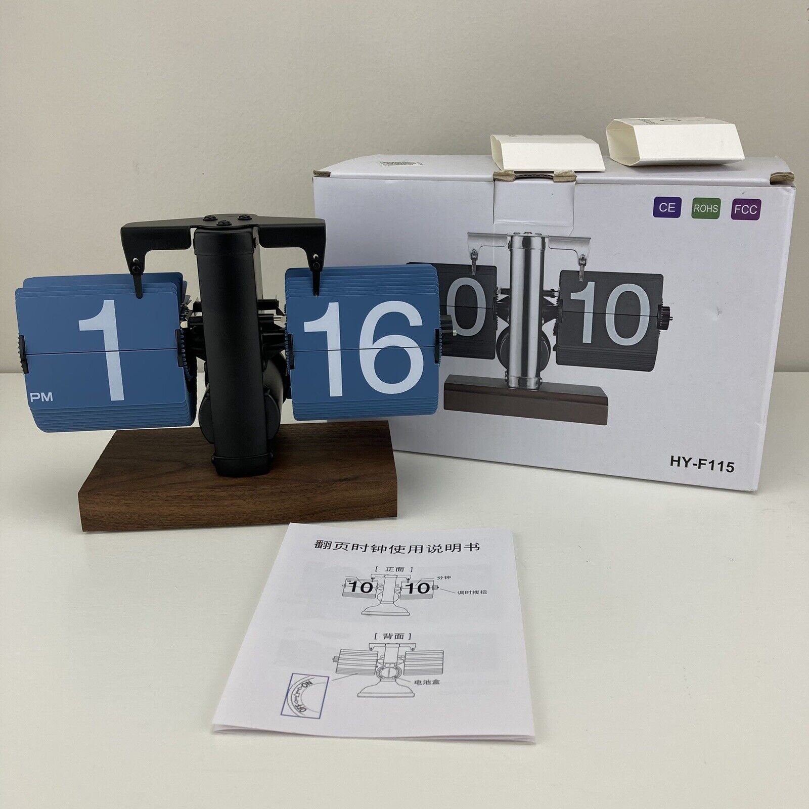 Modern Flip Clock HY-F115 Blue Tiles Wood Base Battery with Box