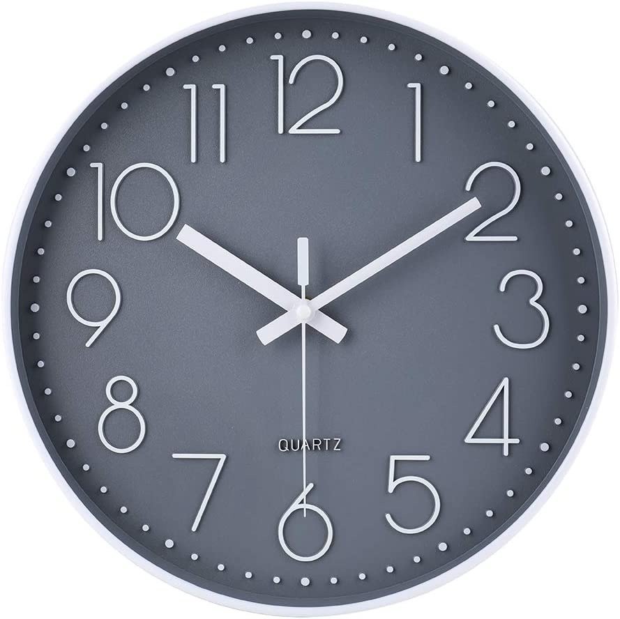 "Modern Grey Quartz Wall Clock - Silent & Stylish 12 Inch Timepiece for Home, Ki