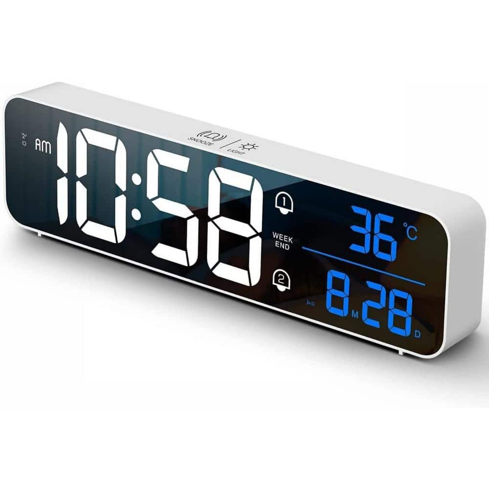 Modern LED Large Display Rechargeable Wireless Digital Alarm Clock in White