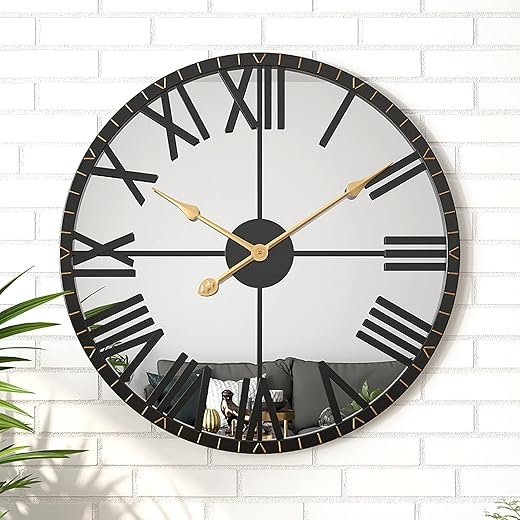 Modern Mirror Wall Clock, Large Vintage Retro Wall Decor, Metal Frame Big Silent Non Ticking Clock for Living Room Decor, Kitchen, Bedroom, Study Decoration, 24 Inch